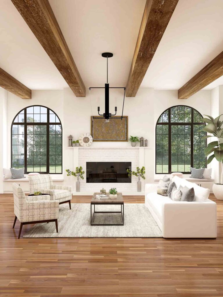 Big arched windows in a living room.